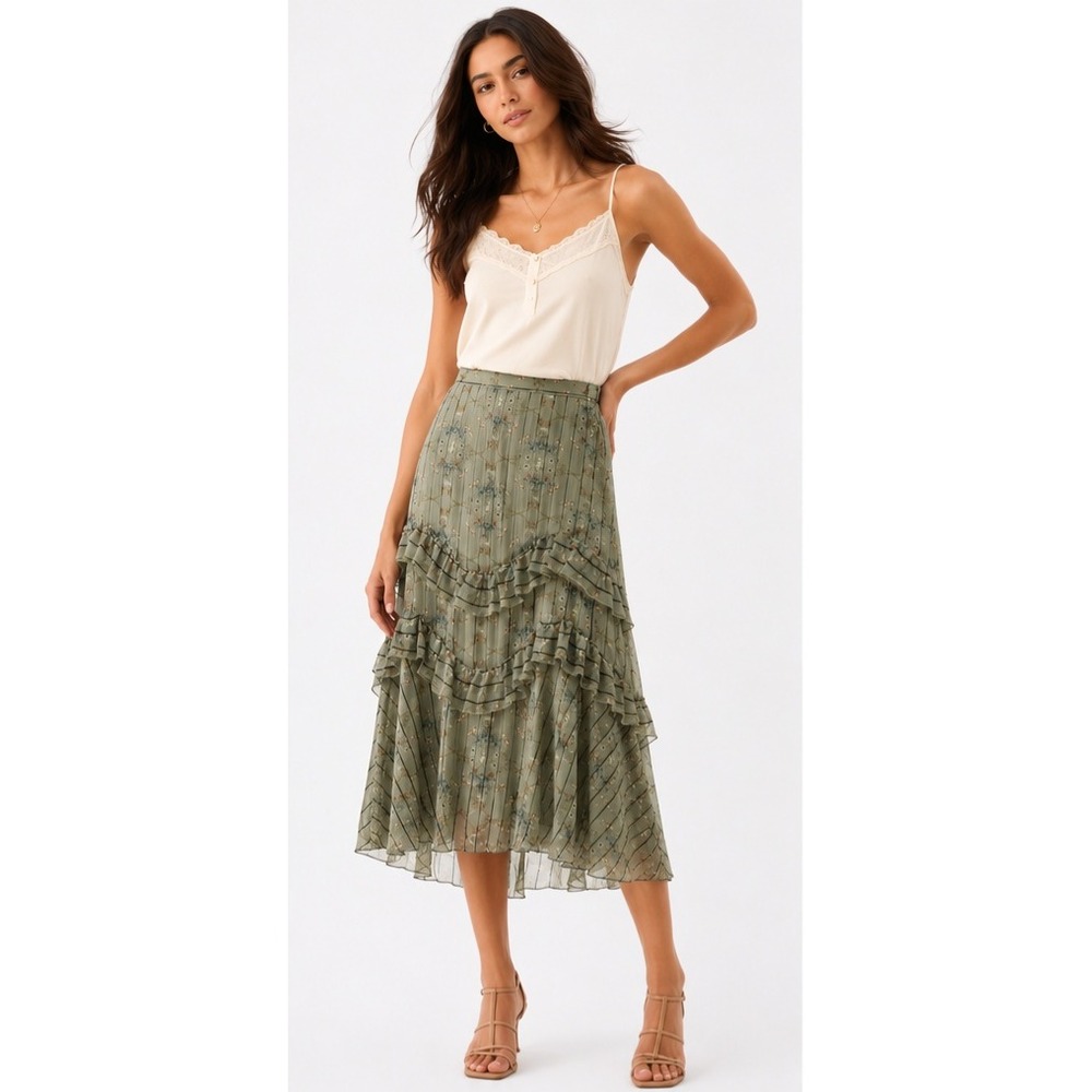 Vintage Eva Franco Anthropologie Ruffle Midi Skirt Sage Green Floral Size 4